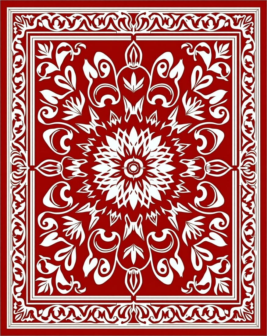 Bold Red White Floral Mandala Rug