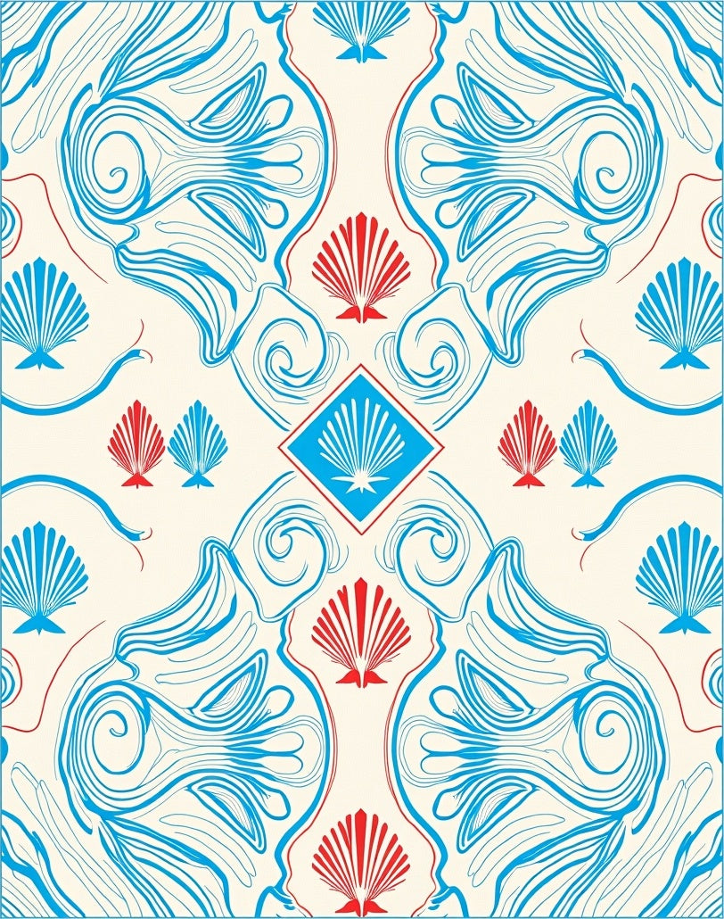 Aqua Red Shell Inspired Abstract Design Rug