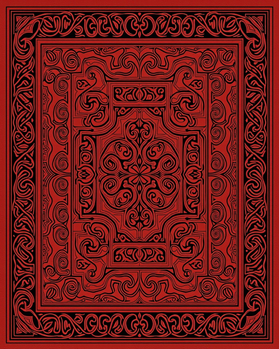 Intricate Red Black Scroll Pattern Rug