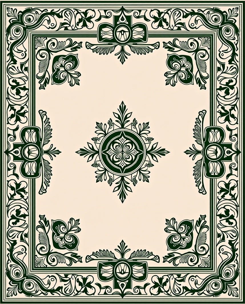 Ornate Dark Green Floral Bordered Rug