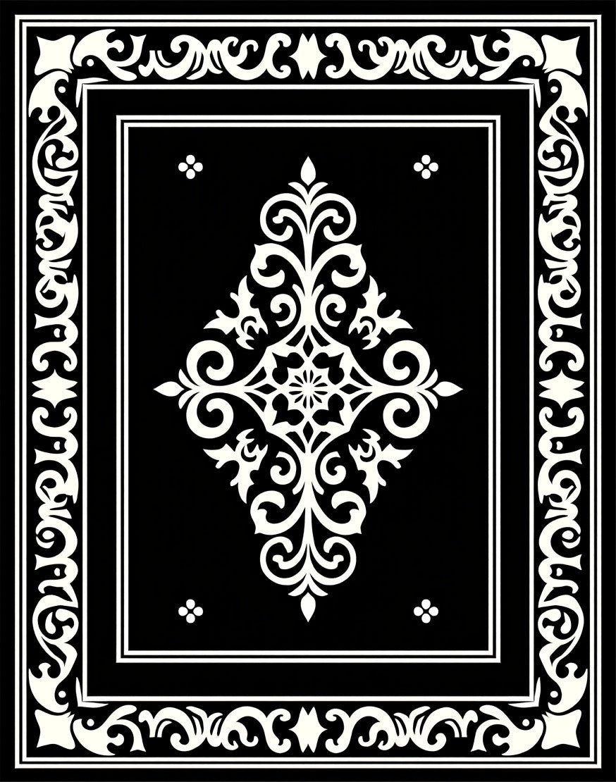 Classic Black White Arabesque Border Rug