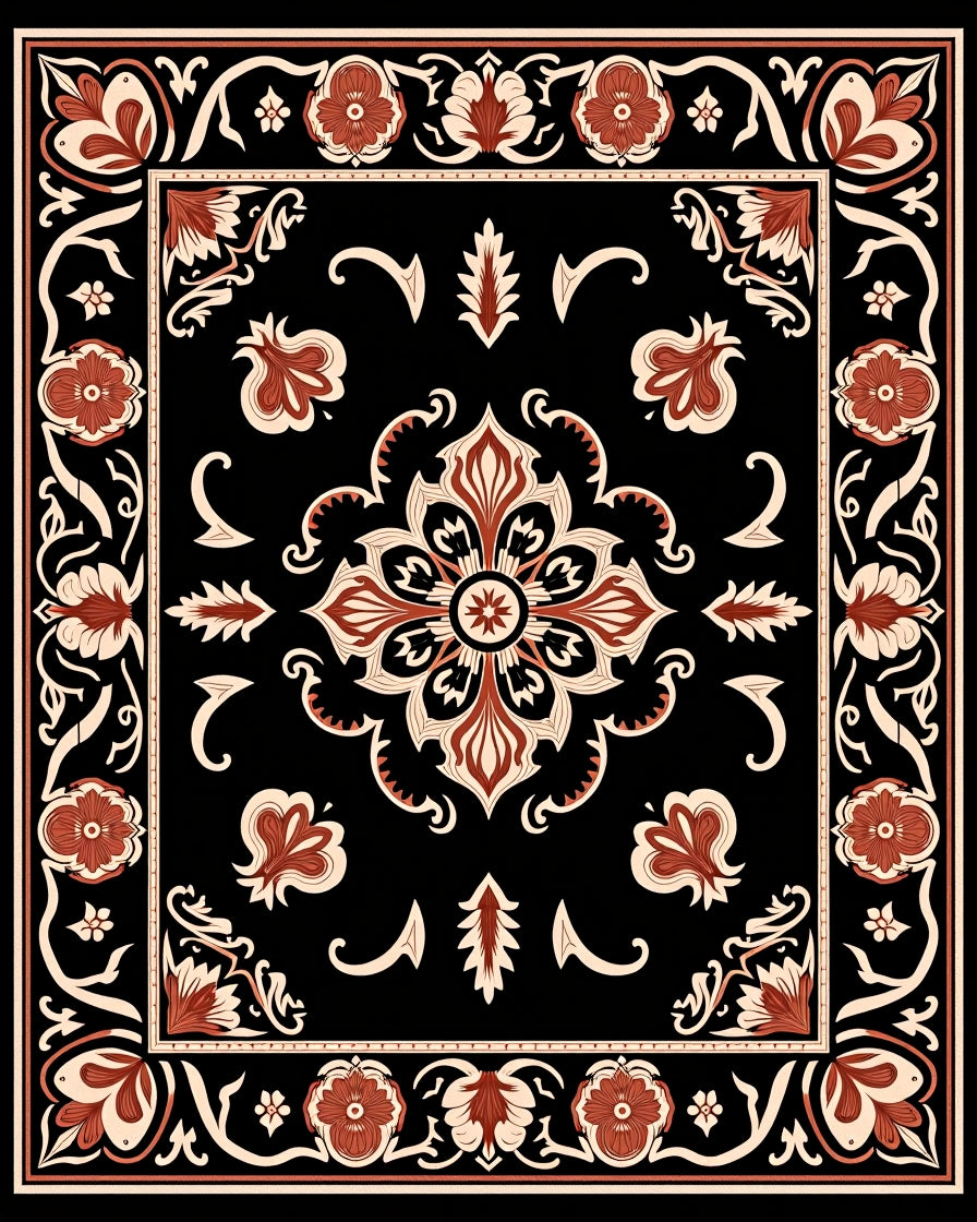Intricate Floral Medallion Black Rug