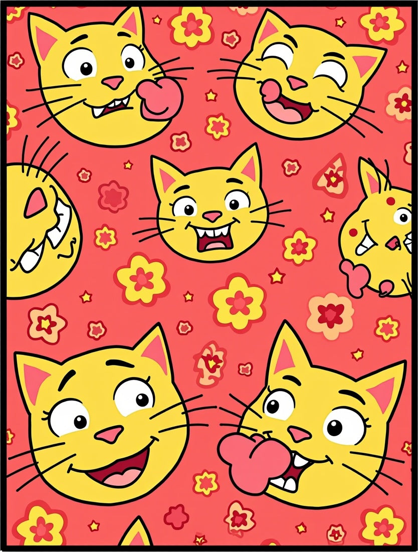 Whimsical Yellow Cat Floral Pattern Design Rug