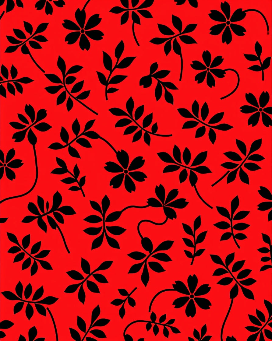 Bold Red Black Floral Branch Pattern Rug