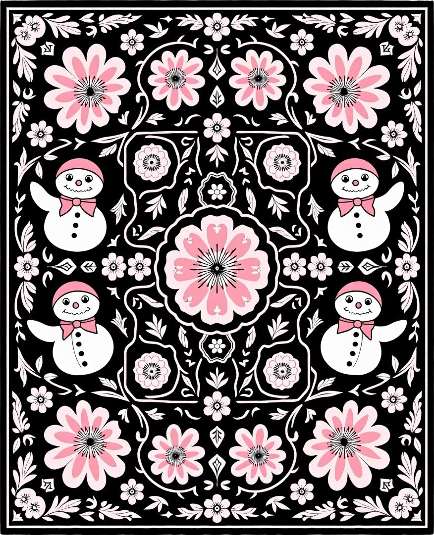 Pink Snowman Floral Black Art Rug