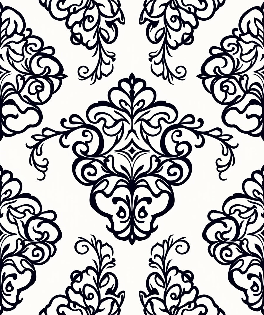 Elegant Floral Scroll Black White Design Rug