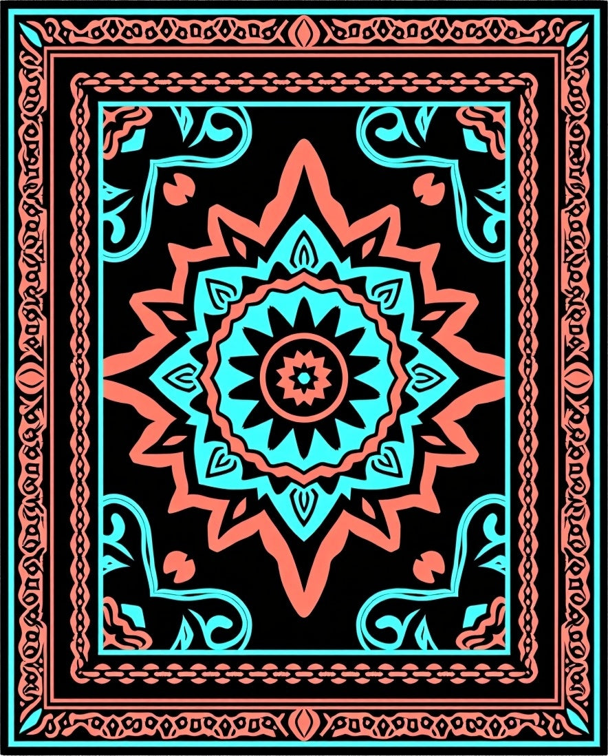 Bold Teal Coral Mandala Pattern Rug