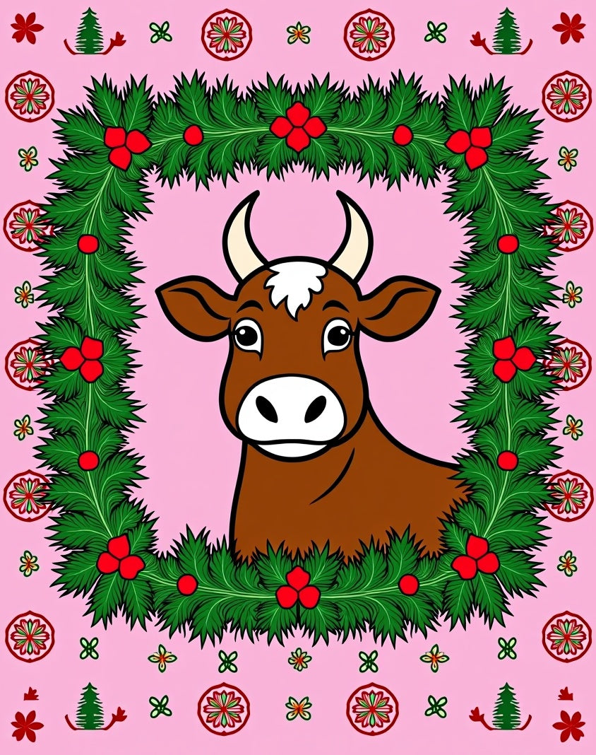 Pink Festive Cow Wreath Holly Rug