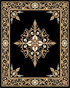 Intricate Black Gold Floral Border Rug