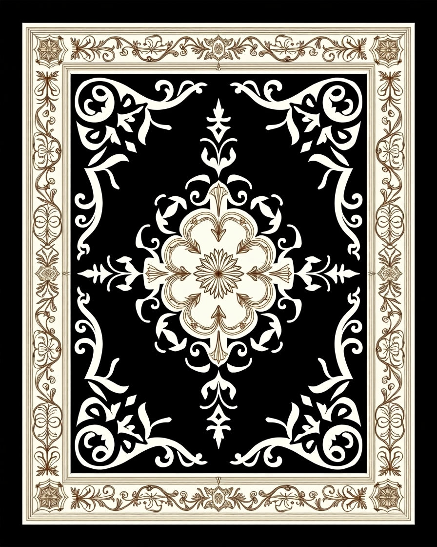 Black and Cream Floral Scroll Rug
