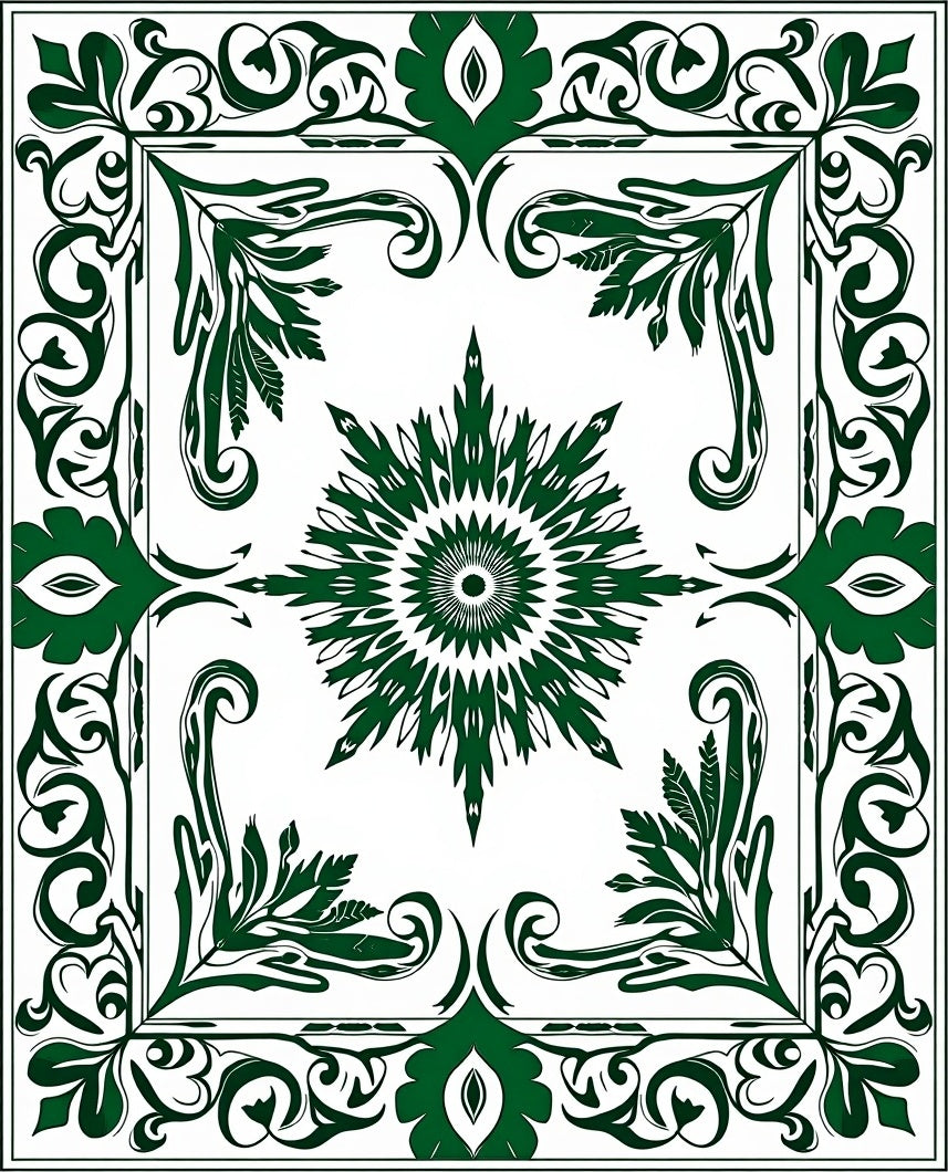 Green Floral Star Mandala Pattern Rug