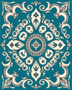 Ornate Teal Cream Scrollwork Pattern Rug
