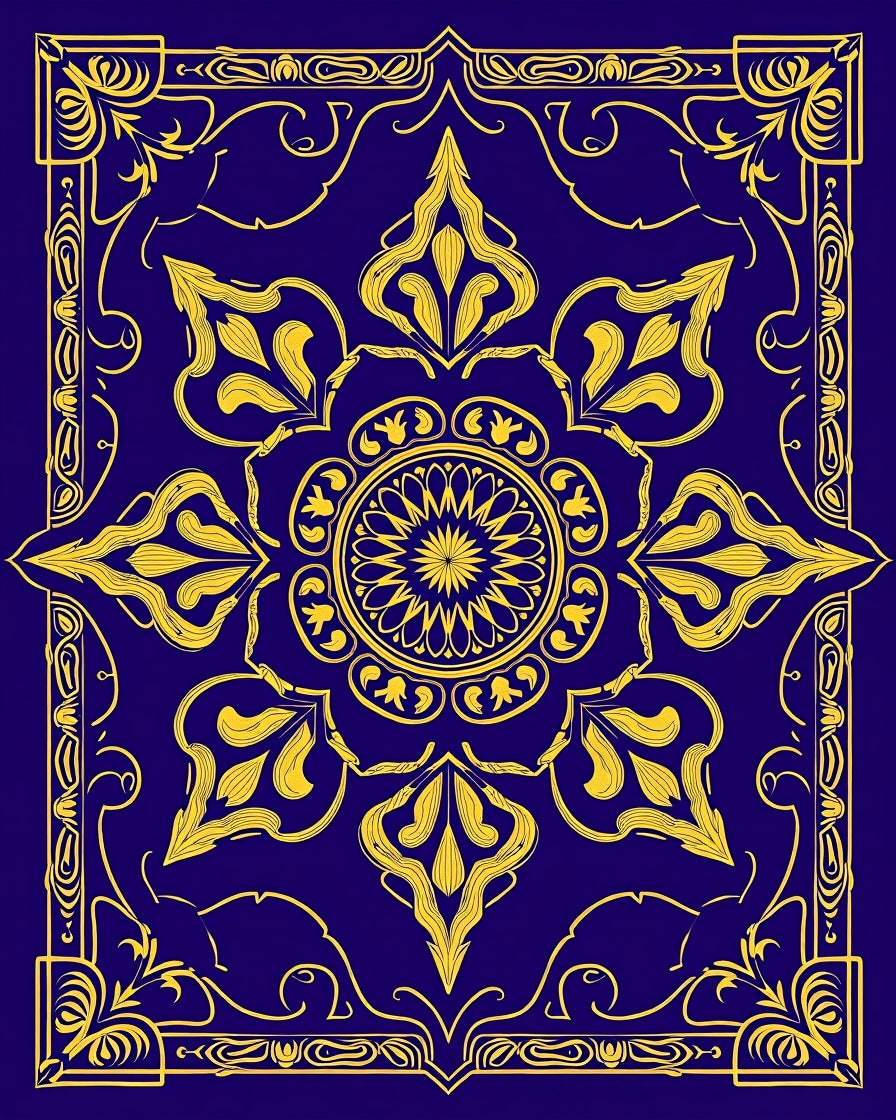 Ornate Blue Yellow Floral Mandala Rug