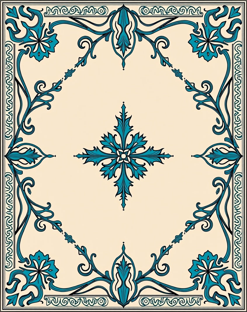 Turquoise Floral Scrollwork Pattern Rug