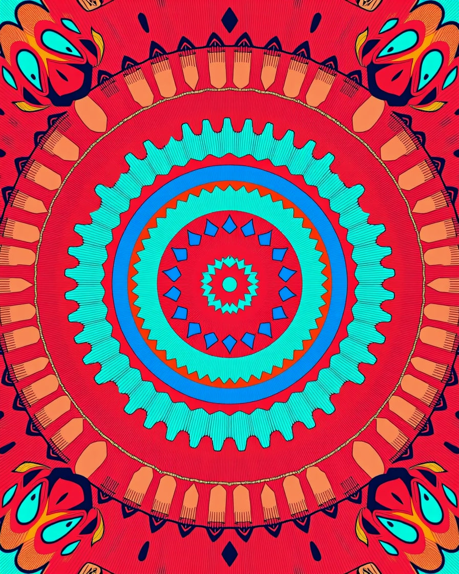 Vibrant Red Geometric Mandala Art Rug