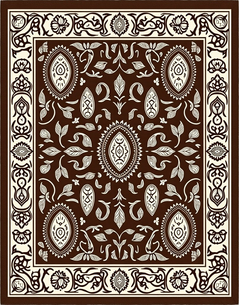 Ornate Floral Brown Cream Bordered Rug
