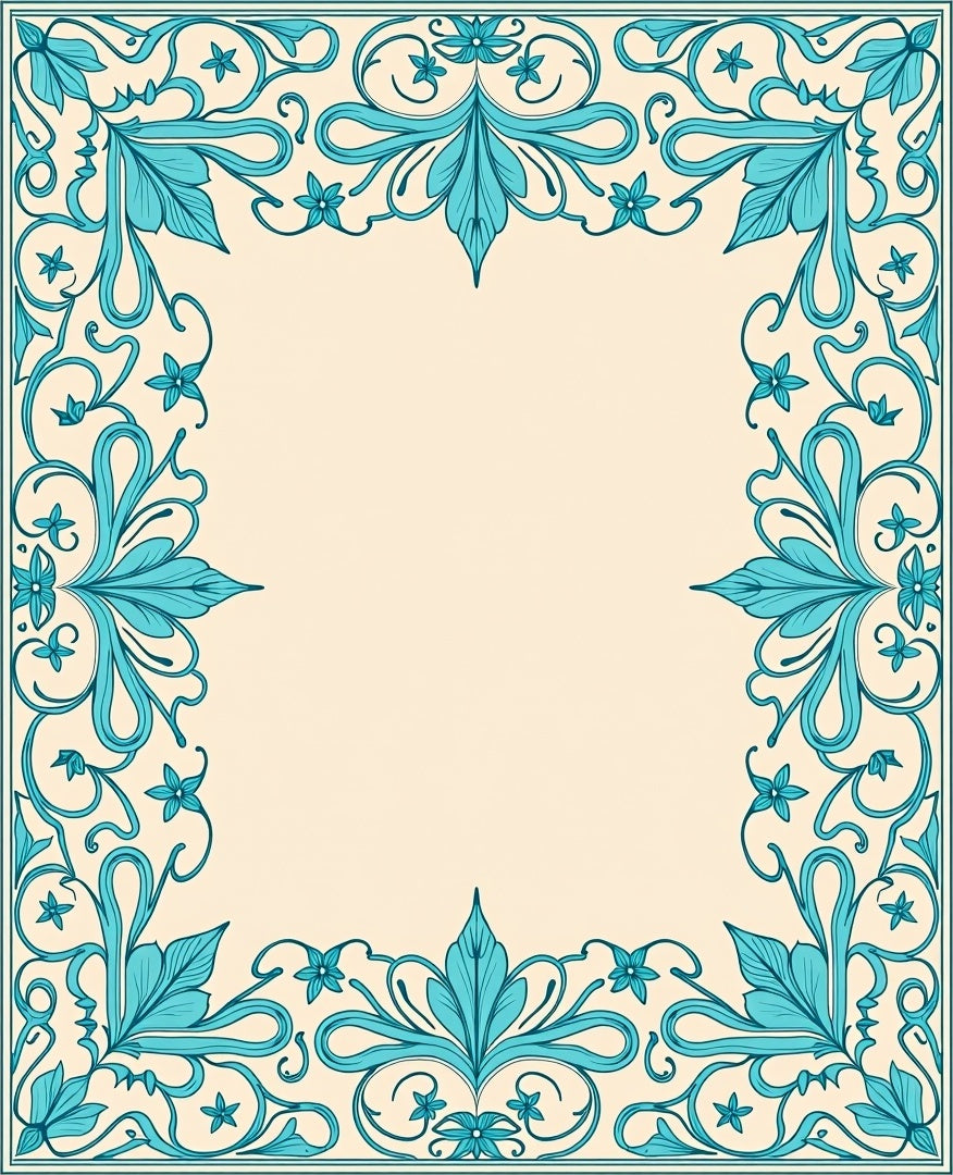 Aqua Floral Scroll Border Design Rug