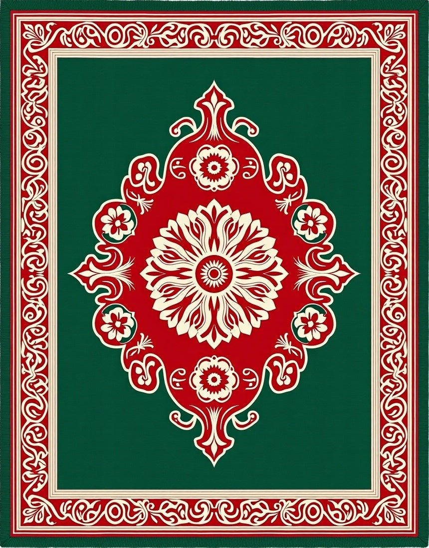 Ornate Floral Crimson Red Green Rug