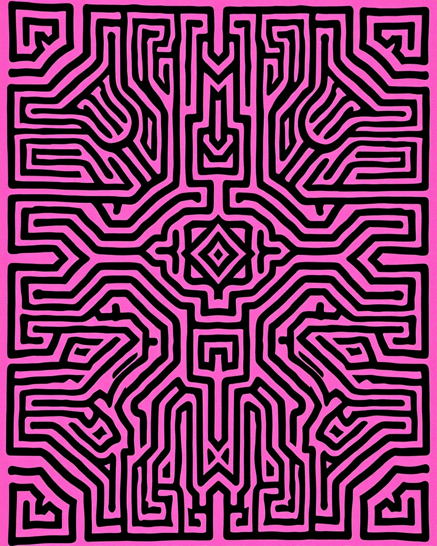 Bold Pink Black Maze Pattern Rug