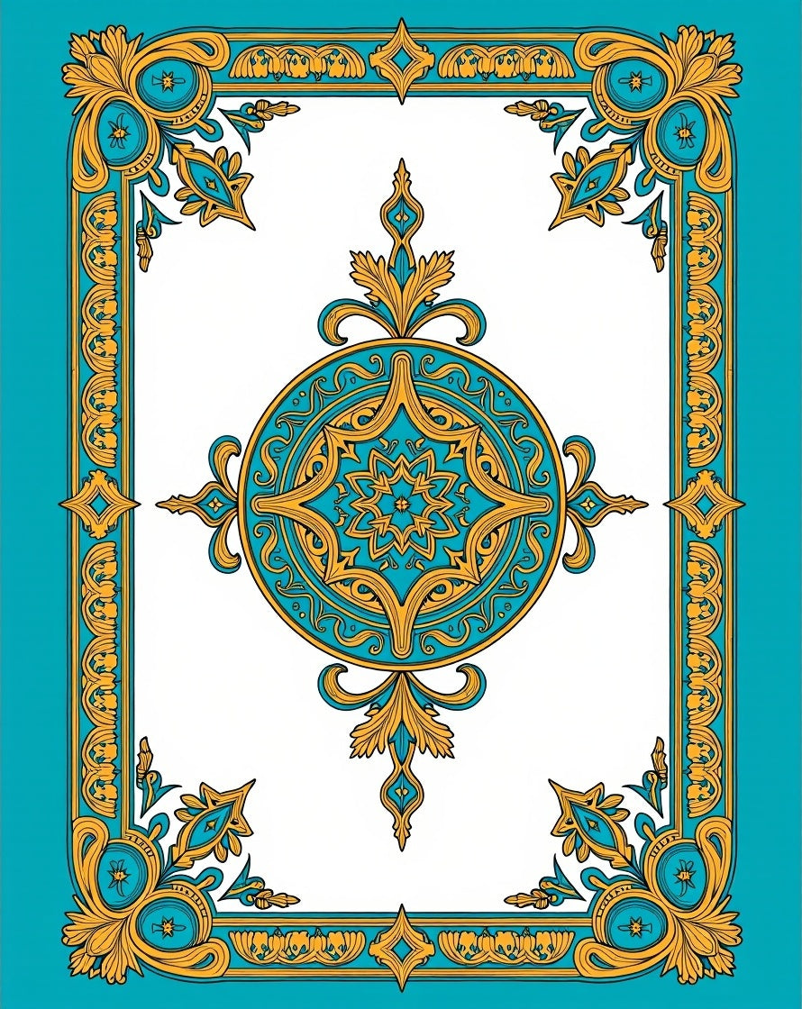 Ornate Teal and Gold Mandala Rug