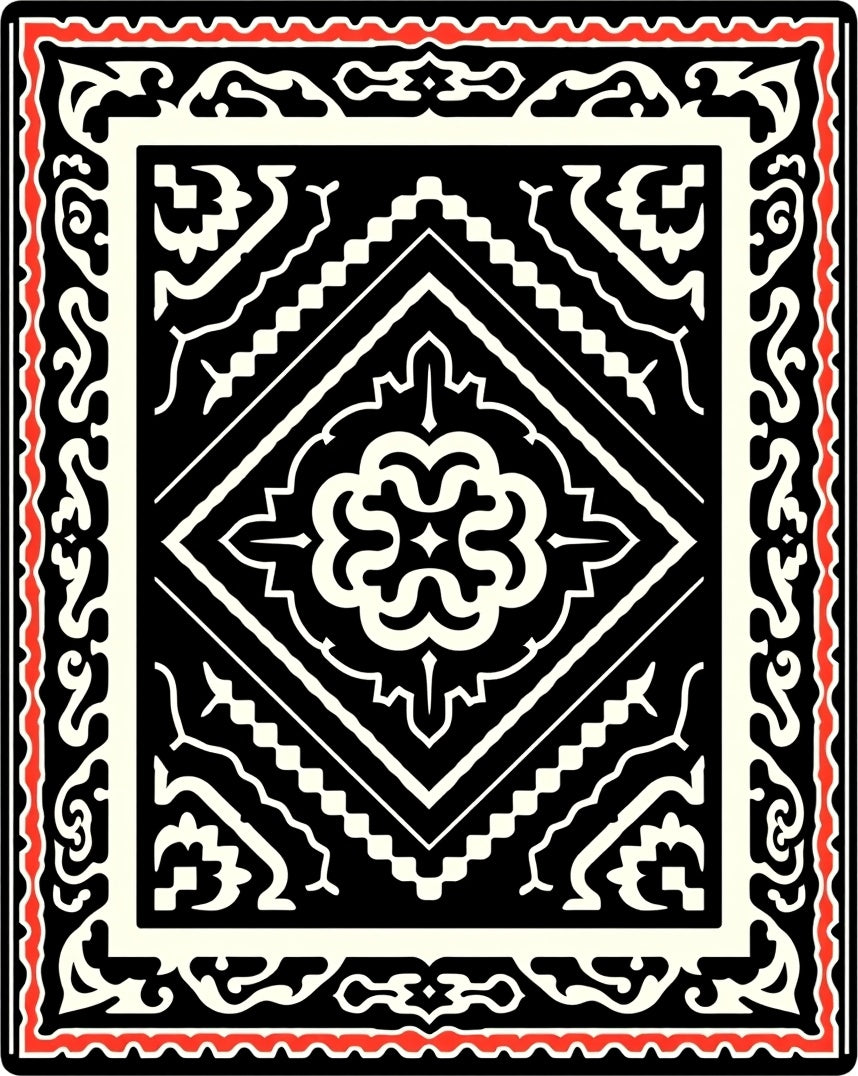 Ornate Black and Red Geometric Pattern Rug