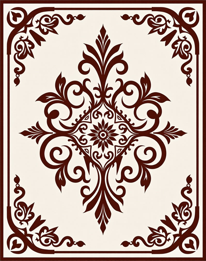 Elegant Dark Brown Floral Scroll Pattern Rug