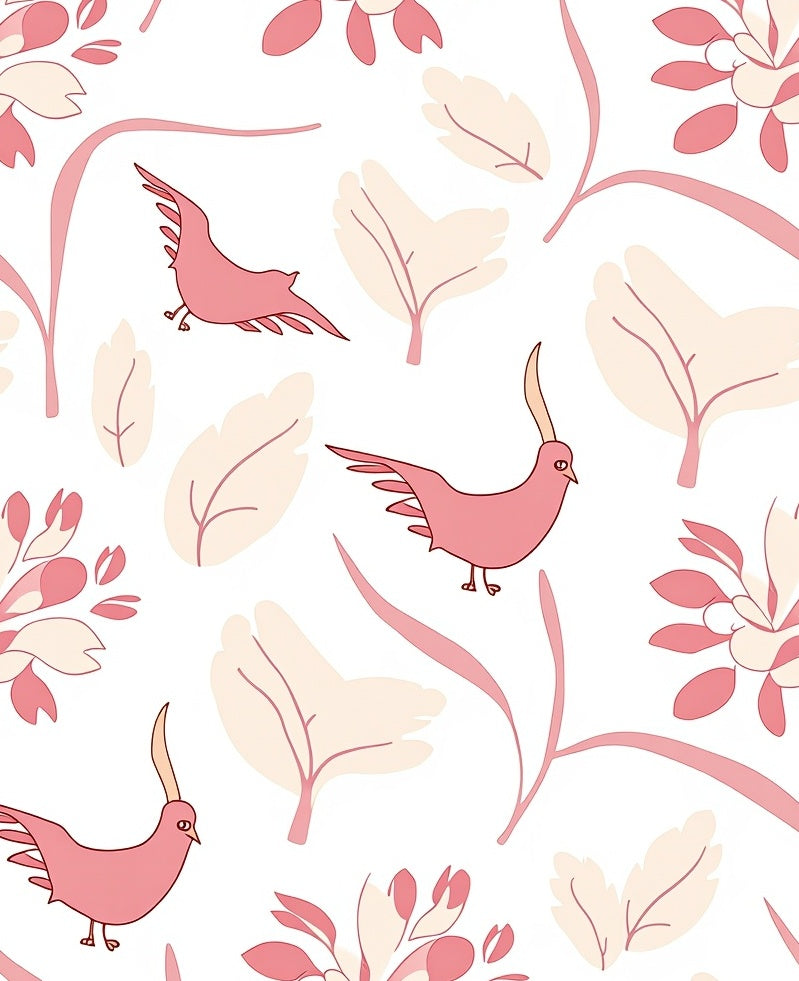 Pink Birds and Botanical Forms Pattern Rug