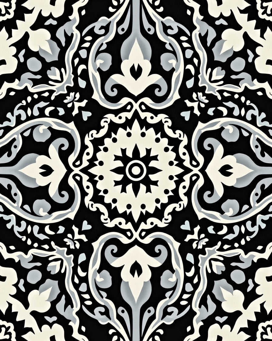 Intricate Scrollwork Floral Damask Pattern Rug