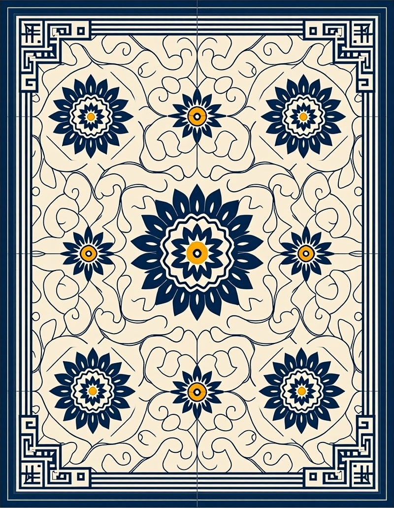 Navy Floral Medallion With Scrollwork Ground Rug