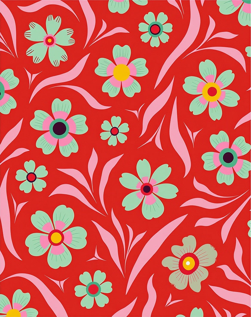 Bold Red Floral Whimsical Pattern Rug