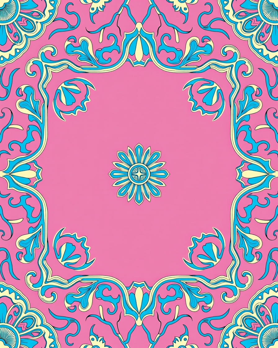 Pink And Blue Floral Scrollwork Rug