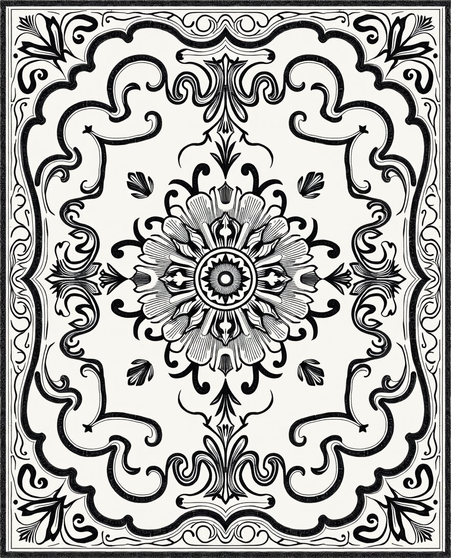 Classic Black White Floral Scroll Rug
