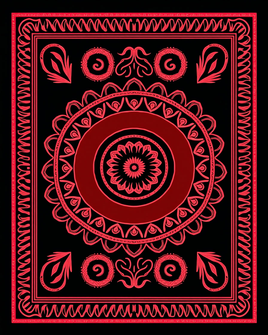 Bold Red Floral Mandala Bordered Design Rug