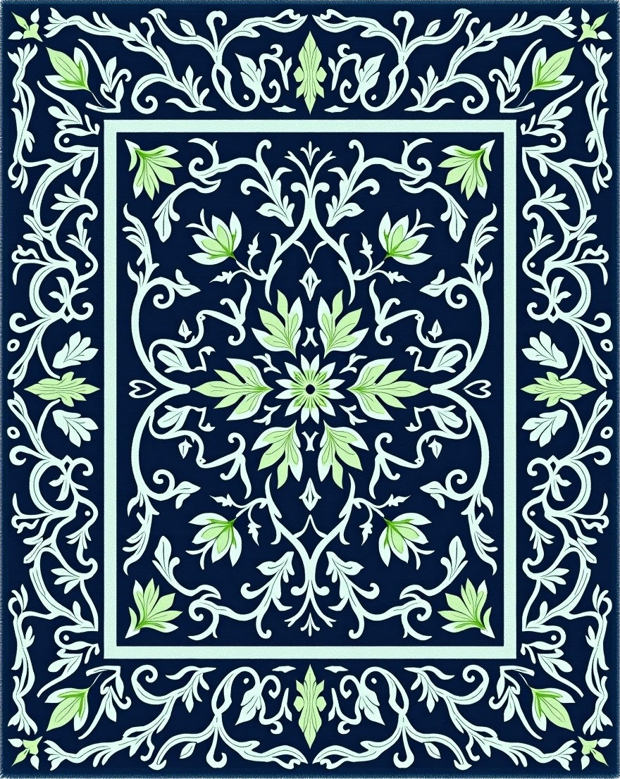 Navy Blue Light Green Floral Medallion Rug