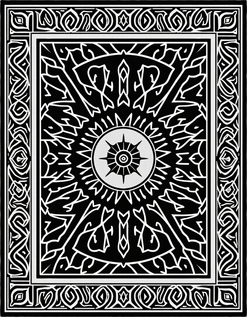 Intricate Black White Sunburst Pattern Rug