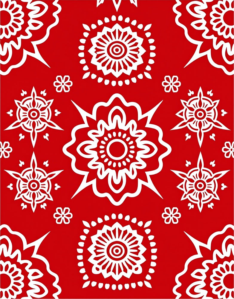 Red White Floral Round Medallion Pattern Rug