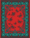 Red Teal Flying Insect Floral Border Rug