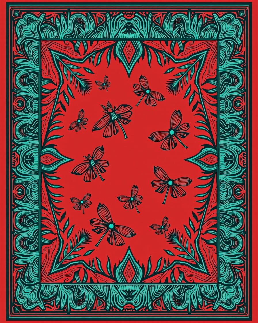 Red Teal Flying Insect Floral Border Rug