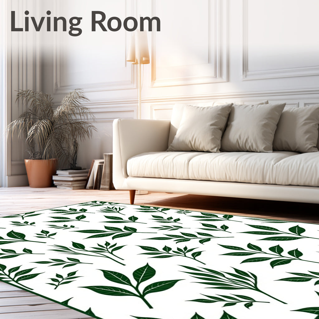 Dark Green Leaf Patterned Design Rug