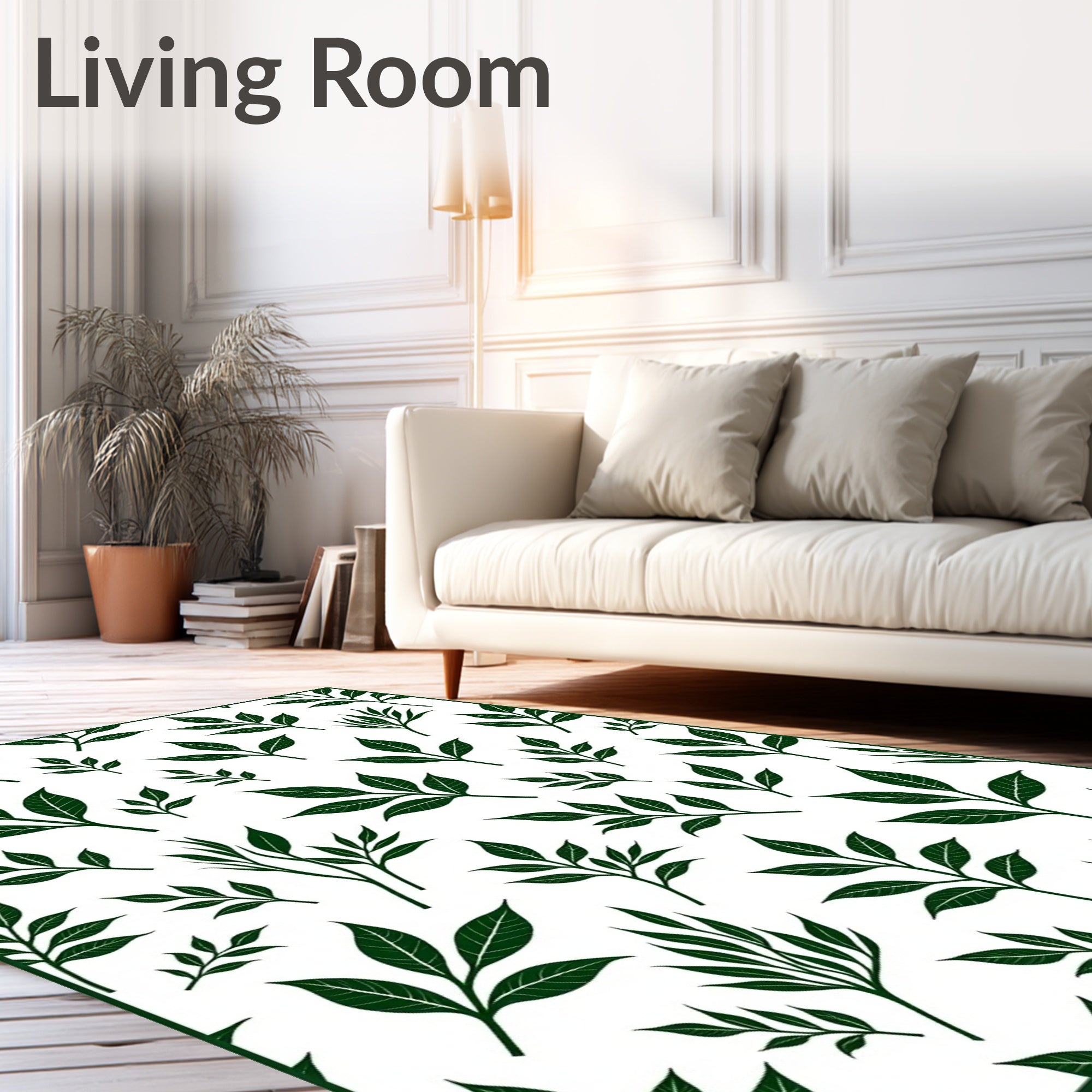 Dark Green Leaf Patterned Design Rug