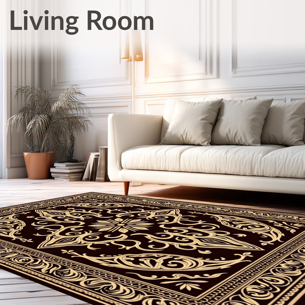 Elegant Tan Floral Scrollwork Design Rug