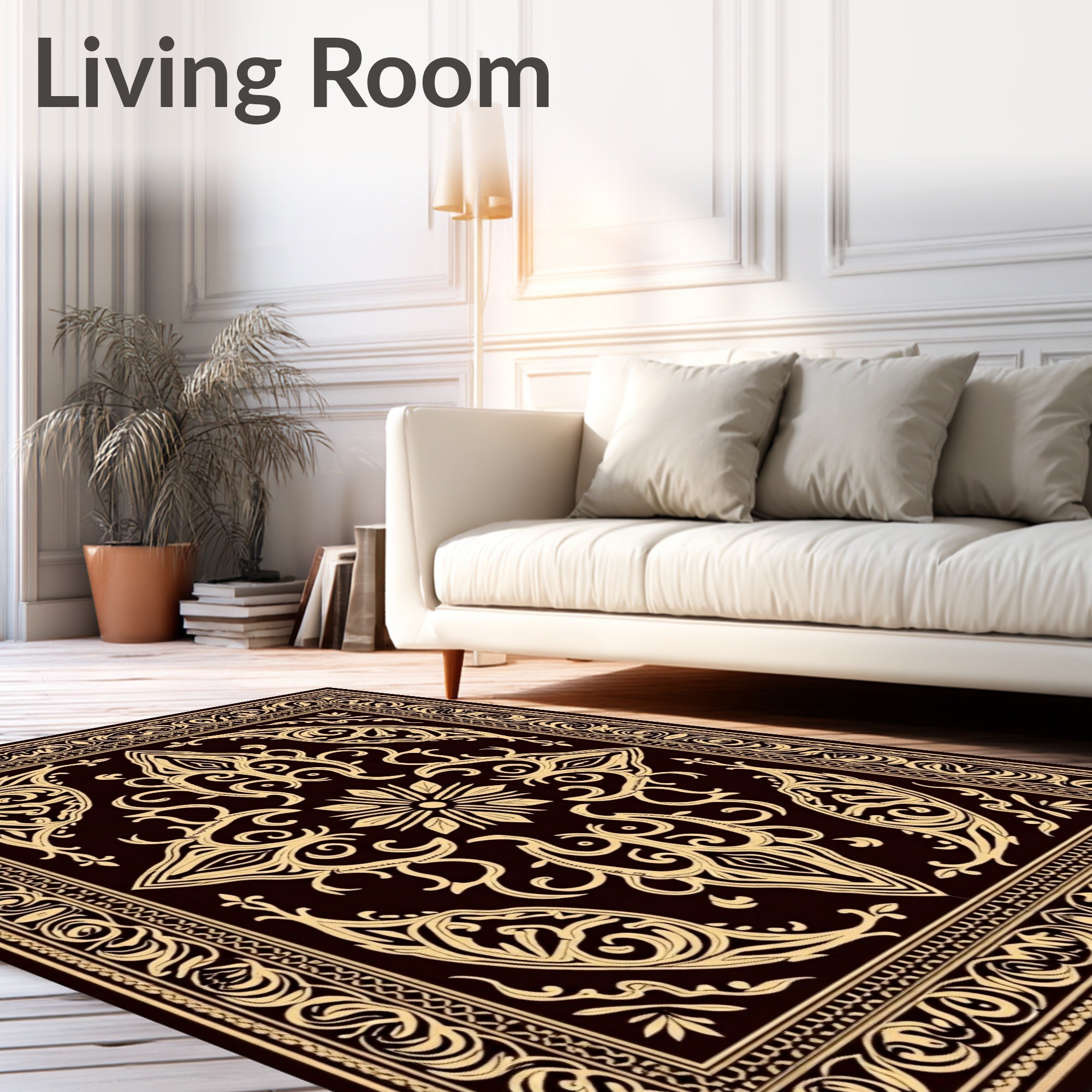 Elegant Tan Floral Scrollwork Design Rug