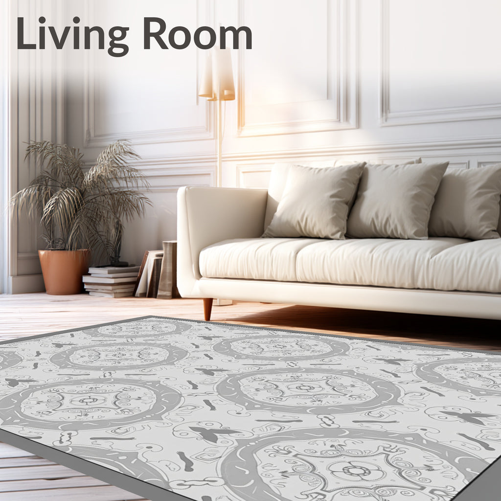 Grey Floral Mandala Patterned Rug