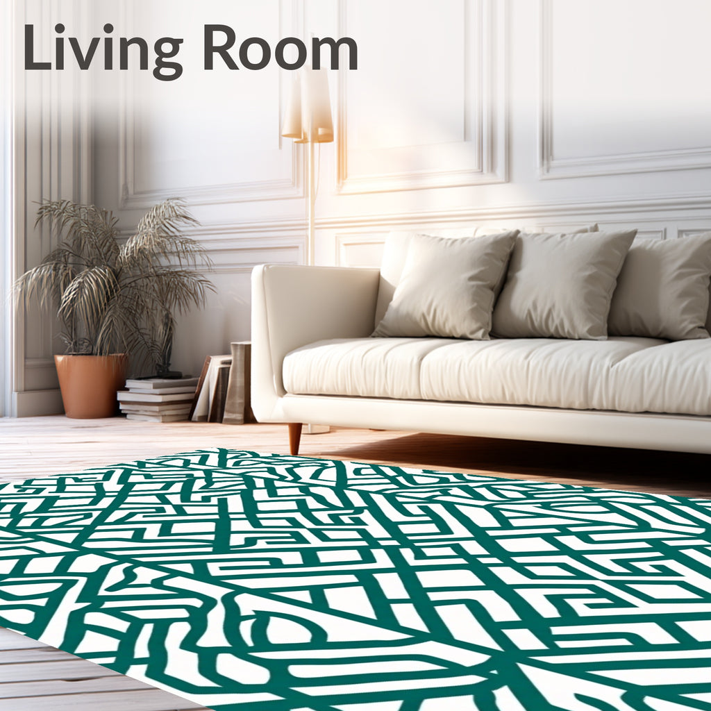 Geometric Teal And White Labyrinth Pattern Rug