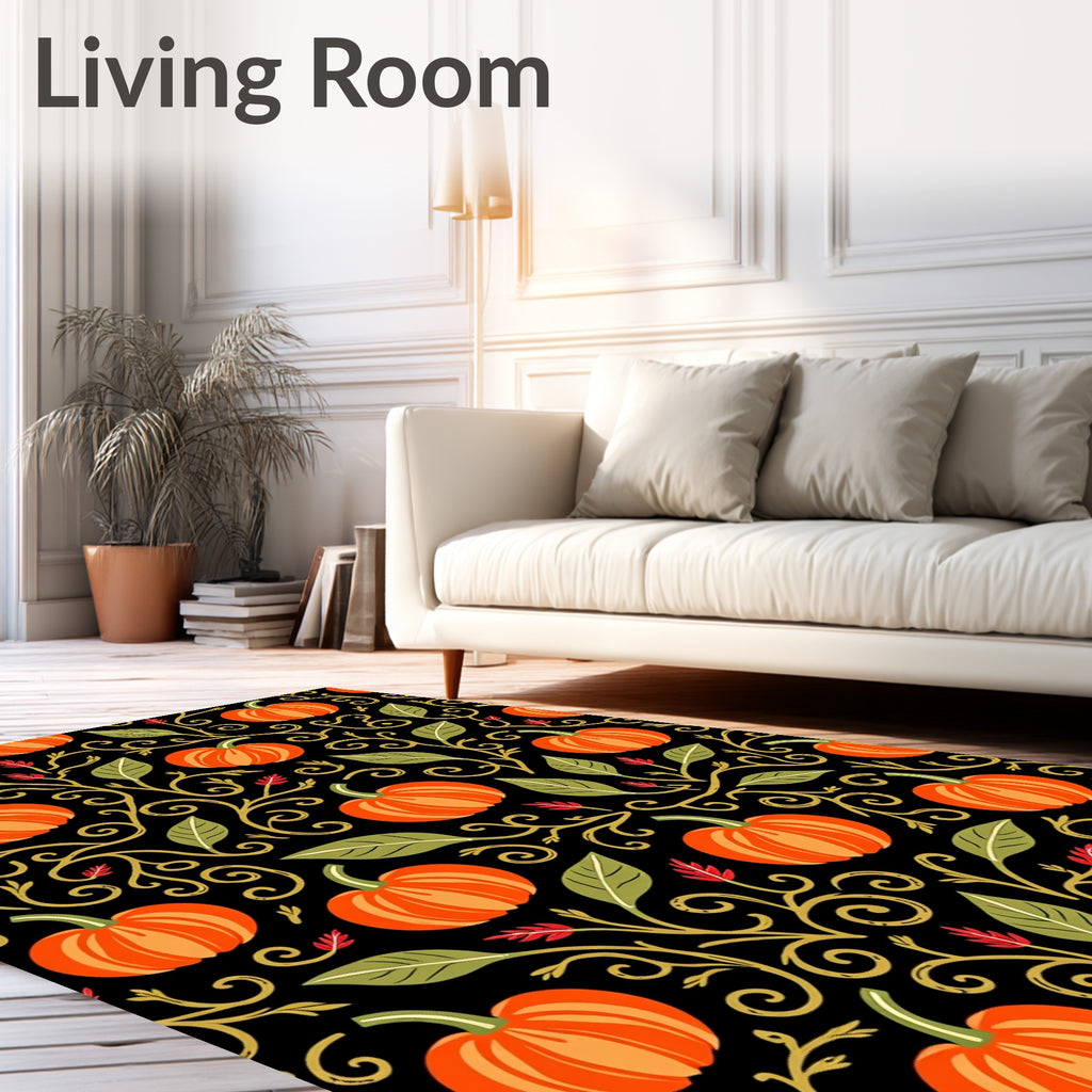 Orange Pumpkin Vine Swirl Black Rug