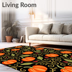 Orange Pumpkin Vine Swirl Black Rug