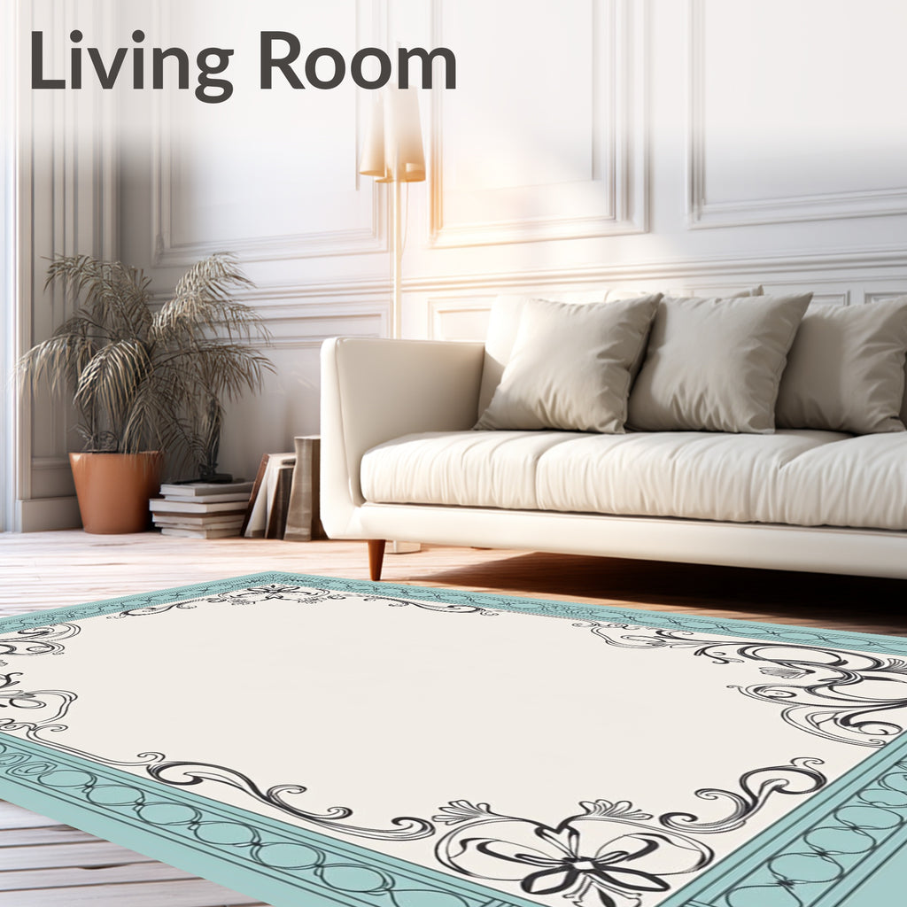 Ornate Floral Swirls Teal Border Rug