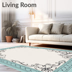 Ornate Floral Swirls Teal Border Rug