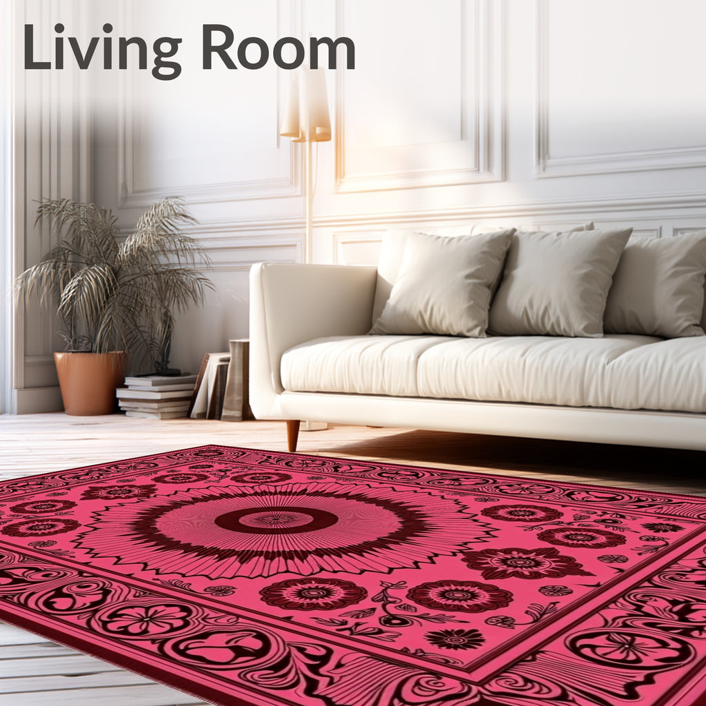 Pink Floral Medallion Border Art Rug
