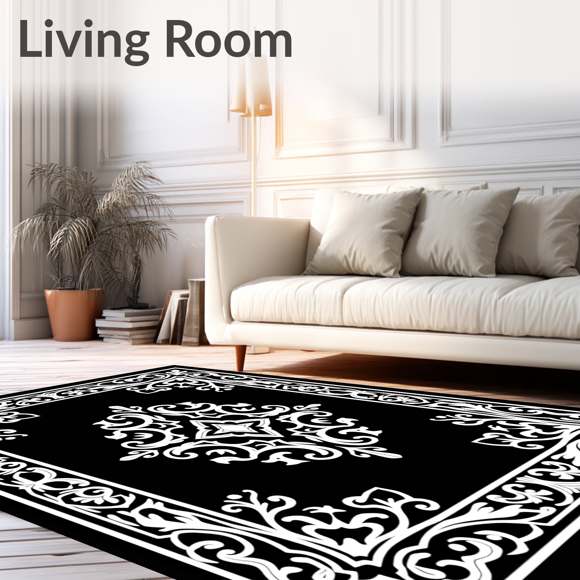 Classic White Scrollwork Floral Pattern Rug